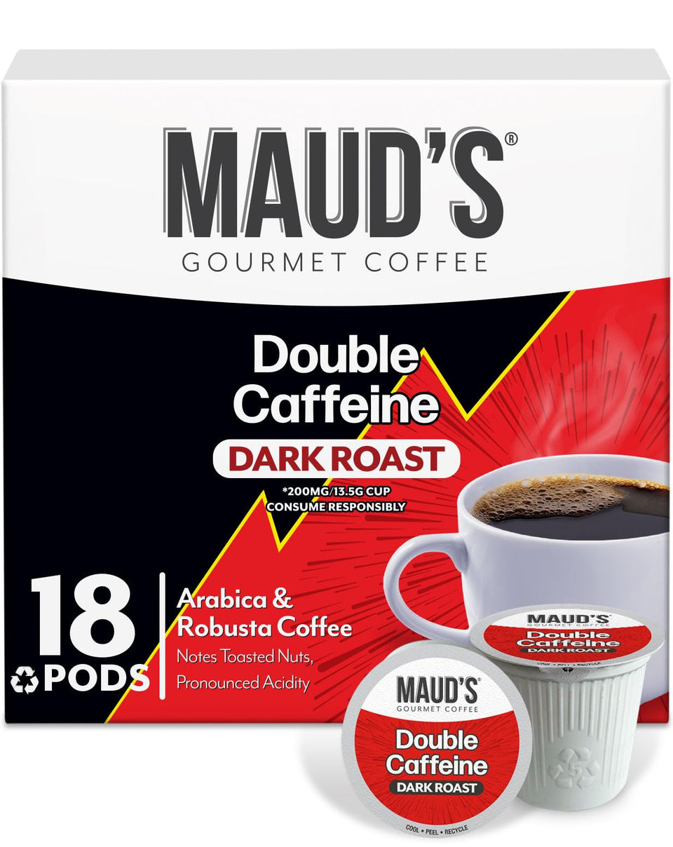 Maud's Double Caffeine coffee pods deliver bold aroma in a dark roast for a quick morning boost