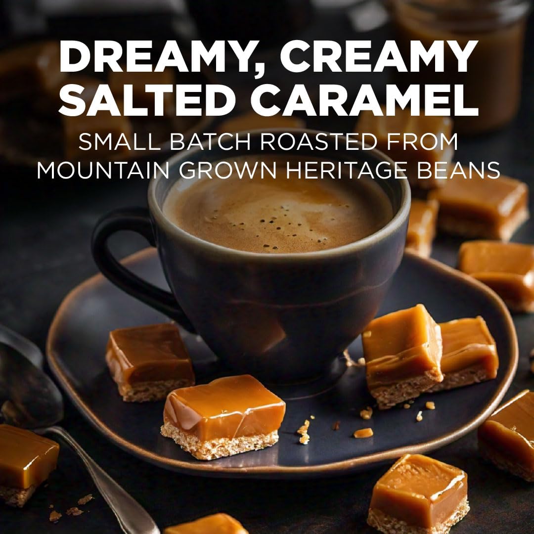 Maud's salted caramel pod in cup with steam and crema