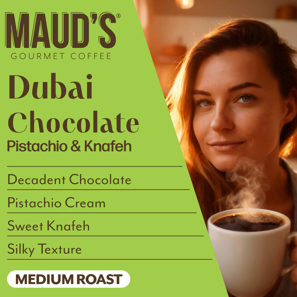 Maud's Dubai Chocolate brew in a cup with rich aroma and color.