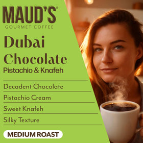 Maud's Dubai Chocolate brew in a cup with rich aroma and color.