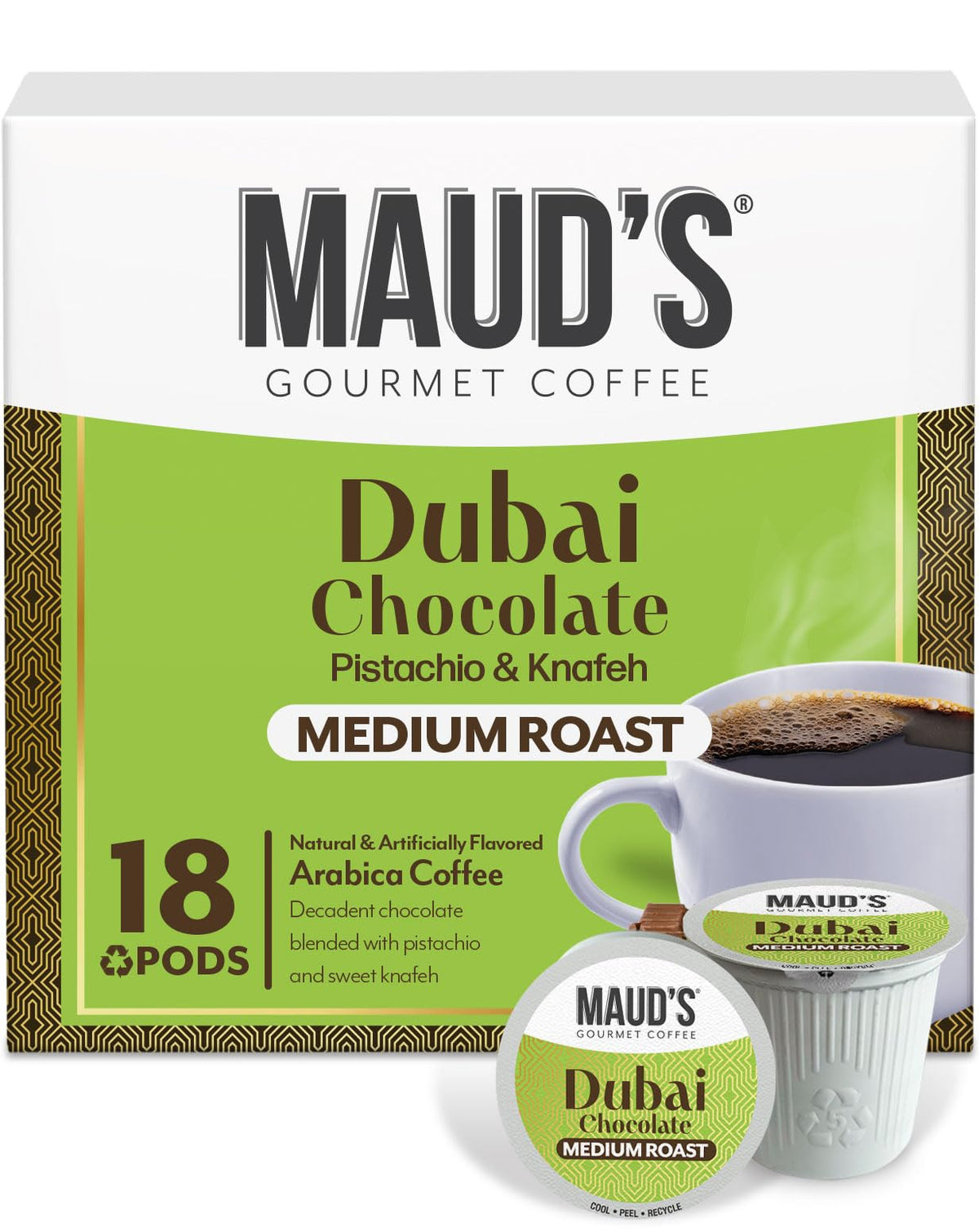 Maud's Dubai Chocolate packaging emphasizes eco-friendly pod design for home use.