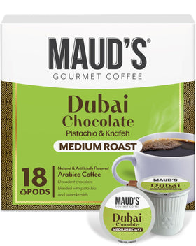 Maud's Dubai Chocolate packaging emphasizes eco-friendly pod design for home use.