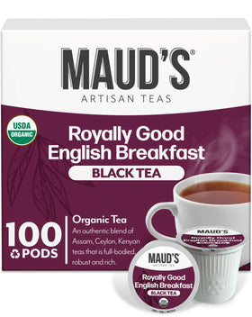 Maud's Organic English Breakfast pods cap with recyclable lid for eco-friendly brewing.