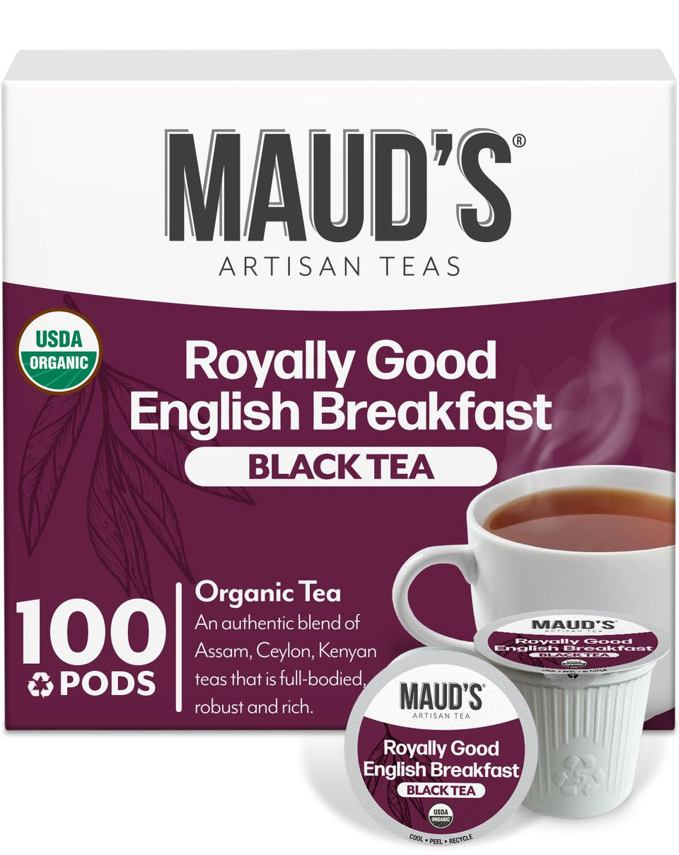 Maud's Organic English Breakfast pods cap with recyclable lid for eco-friendly brewing.