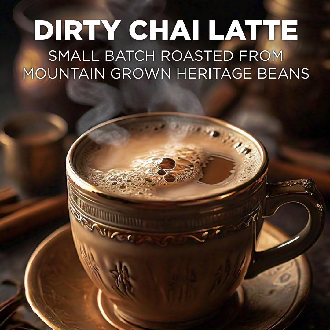 Maud's Espresso Chai Latte Pod brew pour showcases creamy texture and inviting aroma.