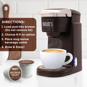 Maud's Espresso Chai Latte Pod ready in a single-serve cup for quick indulgence.