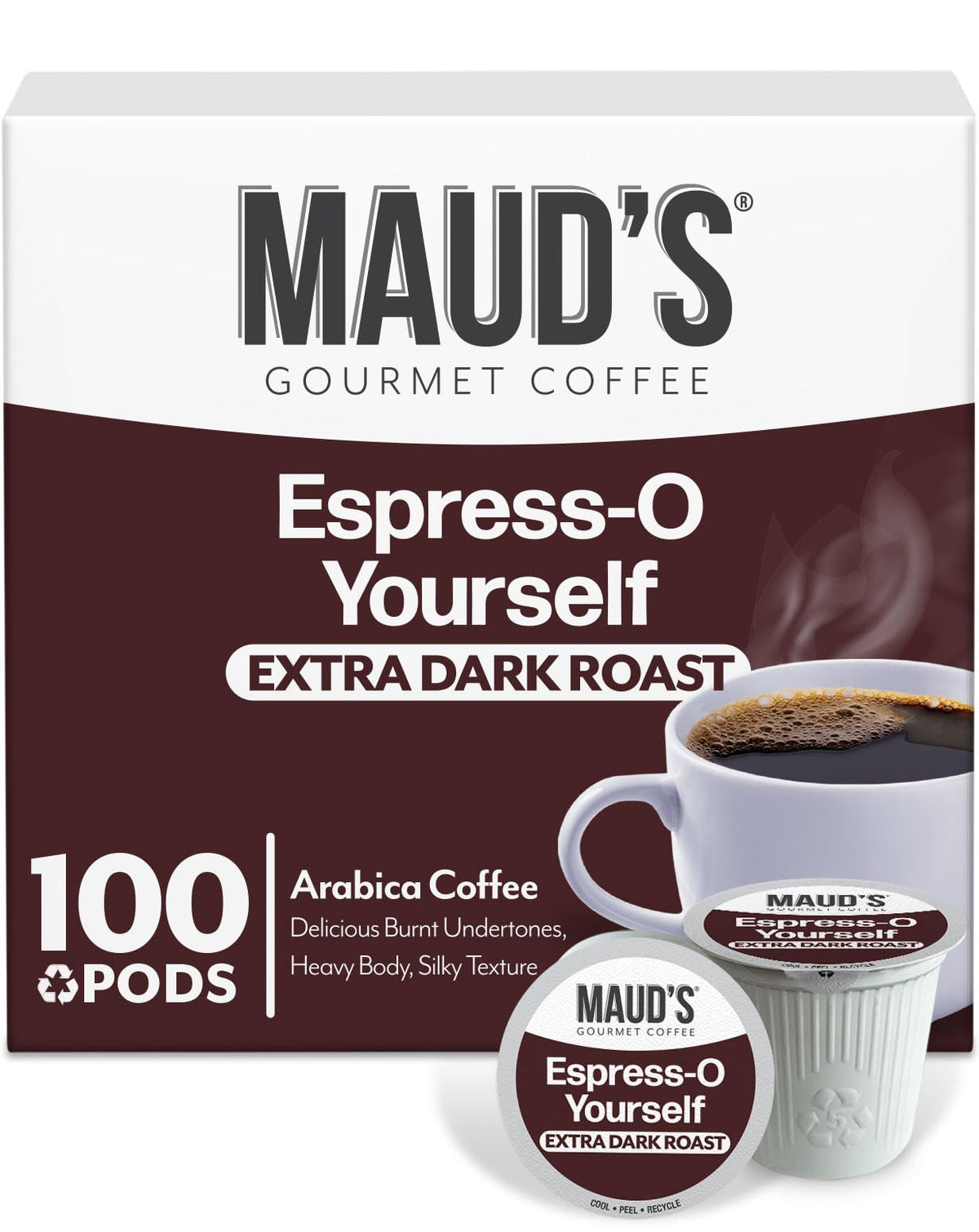 Maud's Espresso Pods packaging shows bold dark roast aroma for morning rituals