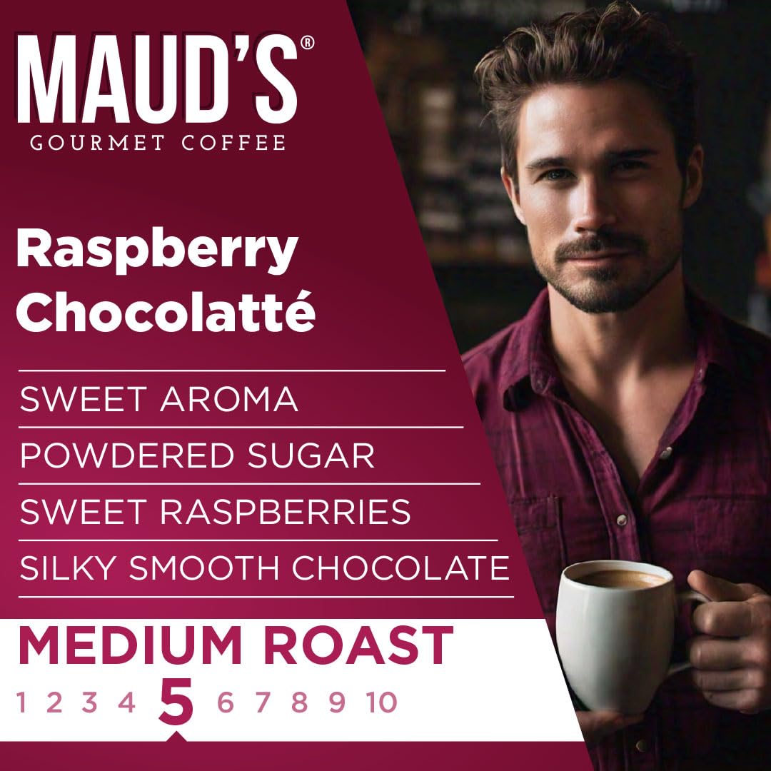 Maud's Raspberry Chocolate pods illustrating ethically sourced beans.