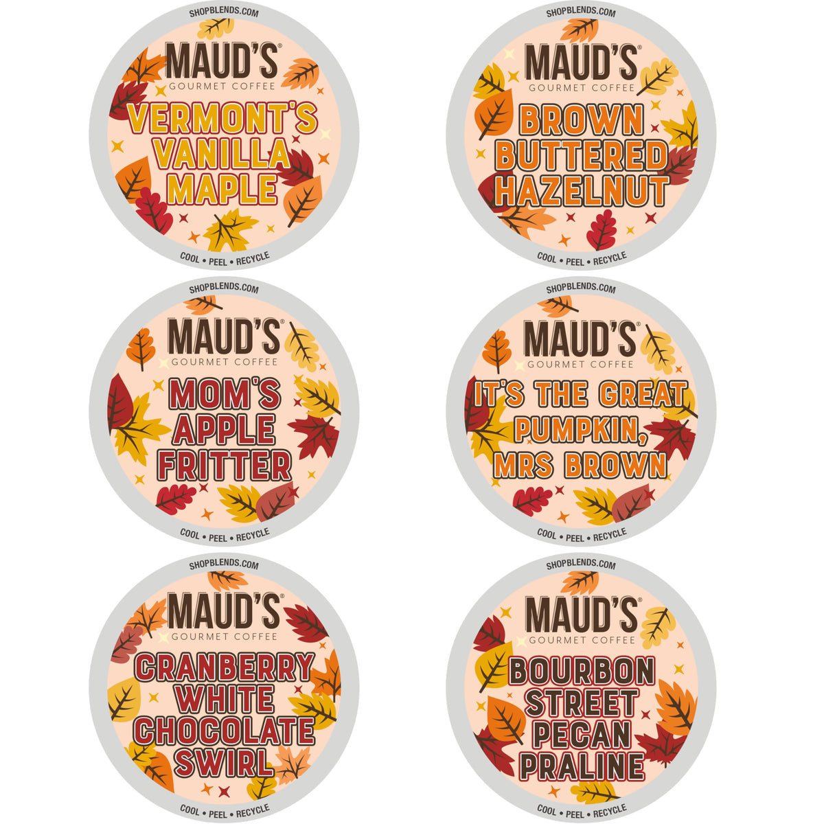 Maud's Fall Flavored Coffee Pods variety pack shows six flavors for cozy fall mornings.