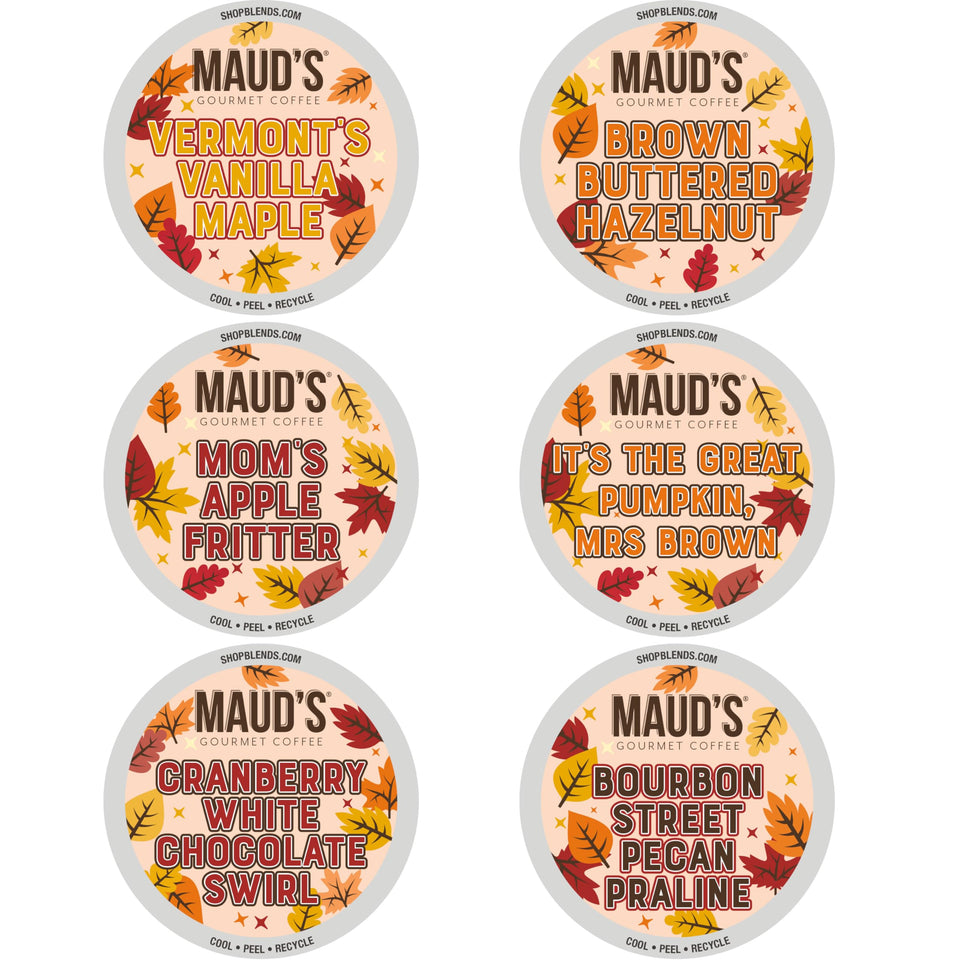 Maud's Fall Flavored Coffee Pods variety pack shows six flavors for cozy fall mornings.