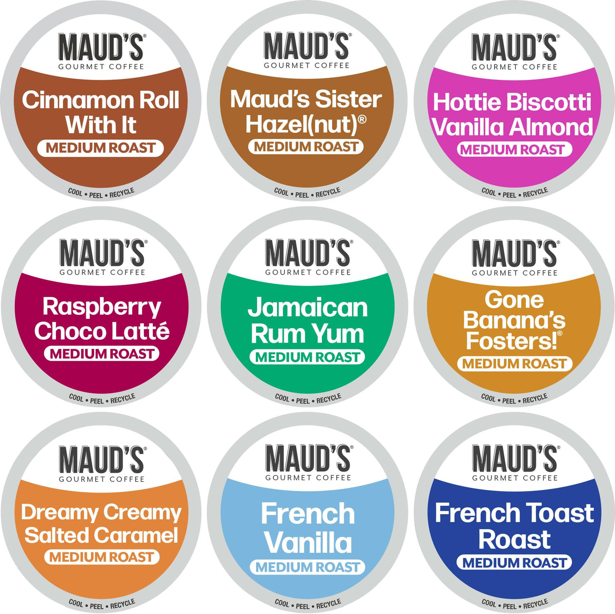 Maud's flavored coffee pods variety pack 40-count front view for home brewing.