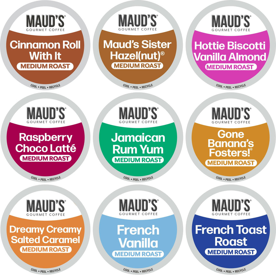 Maud's flavored coffee pods variety pack 40-count front view for home brewing.