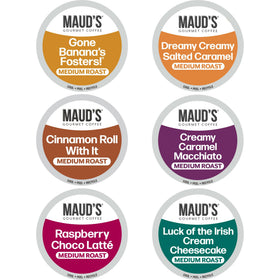 Maud's Flavored Coffee Pods Variety Pack box front shows six flavors for home brewing.