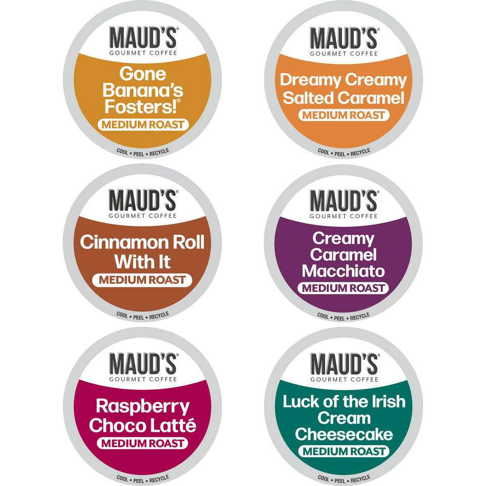 Maud's Flavored Coffee Pods Variety Pack box front shows six flavors for home brewing.