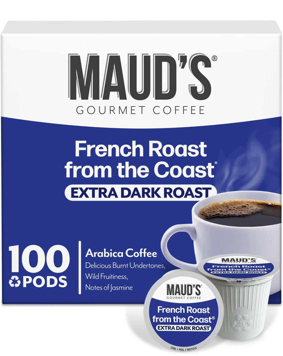 Maud's French Roast coffee pods in a 100-count box delivering bold flavor with low acidity.