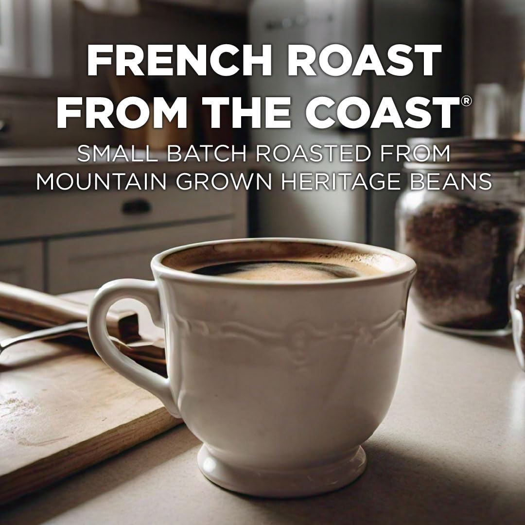 Maud's French Roast coffee pods in cup offer quick aroma and consistent brew.