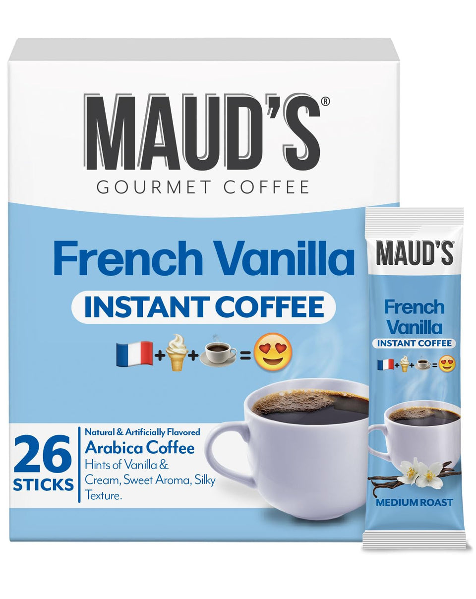 Maud's French Vanilla instant coffee sachets offer quick, flavorful mornings.