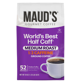 Maud's Half Caff bag front; balanced flavor for everyday coffee.