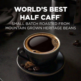 Maud's Half Caff coffee cup steaming; smooth, low-acid flavor.