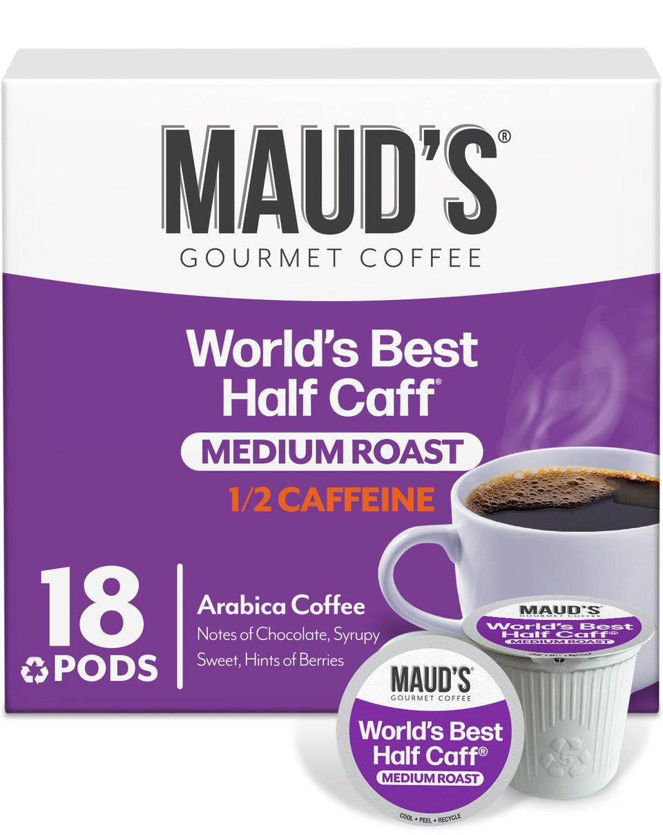 Maud's Half Caff coffee pods 18ct pack for quick, low-caffeine mornings.
