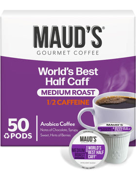 Maud's Half Caff coffee pods pack shot showing 50-count box and product branding for balanced caffeine