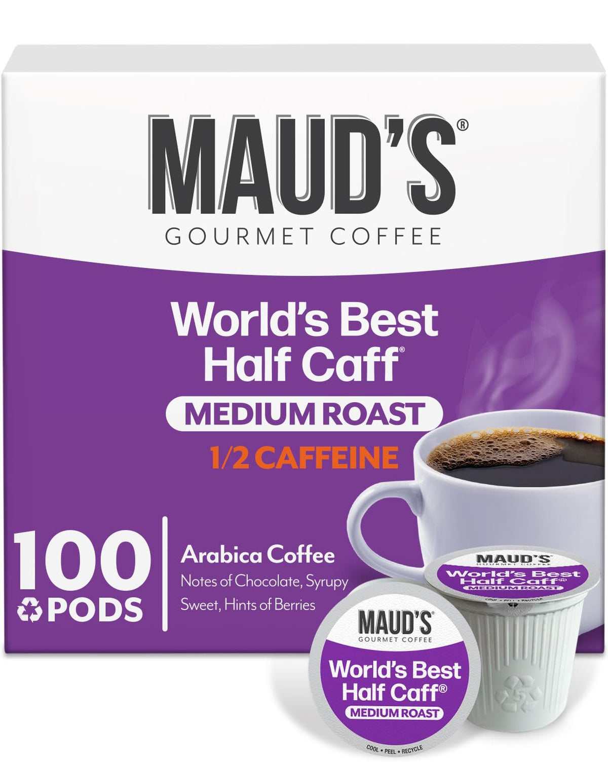 Maud's Half Caff coffee pods box front, convenient half-caffeine option for mornings.