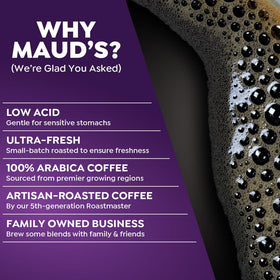 Maud's Half Caff coffee pods brewing a smooth cup with balanced caffeine.