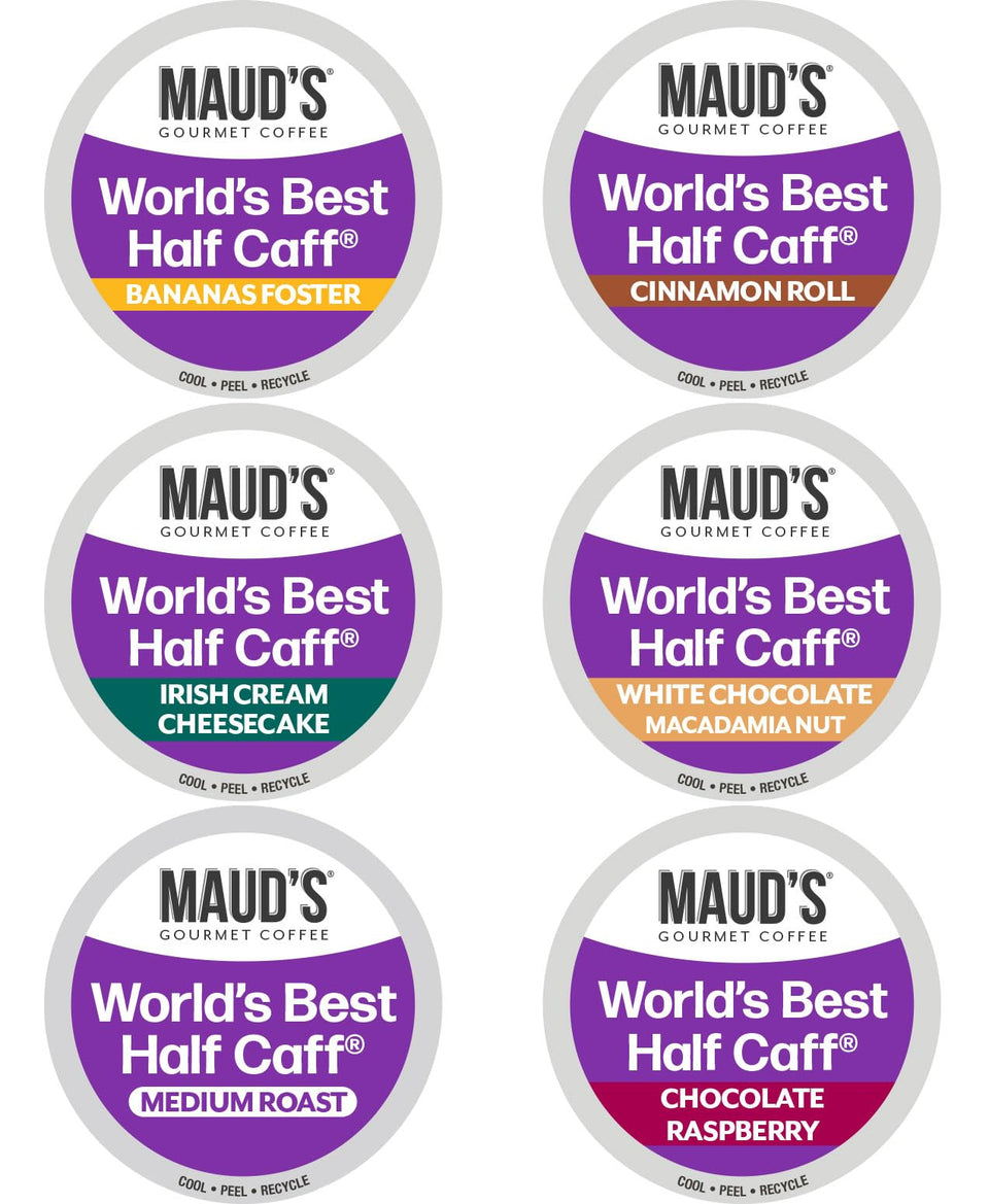 Maud's Half Caff collection image showing six flavors for versatile mornings.