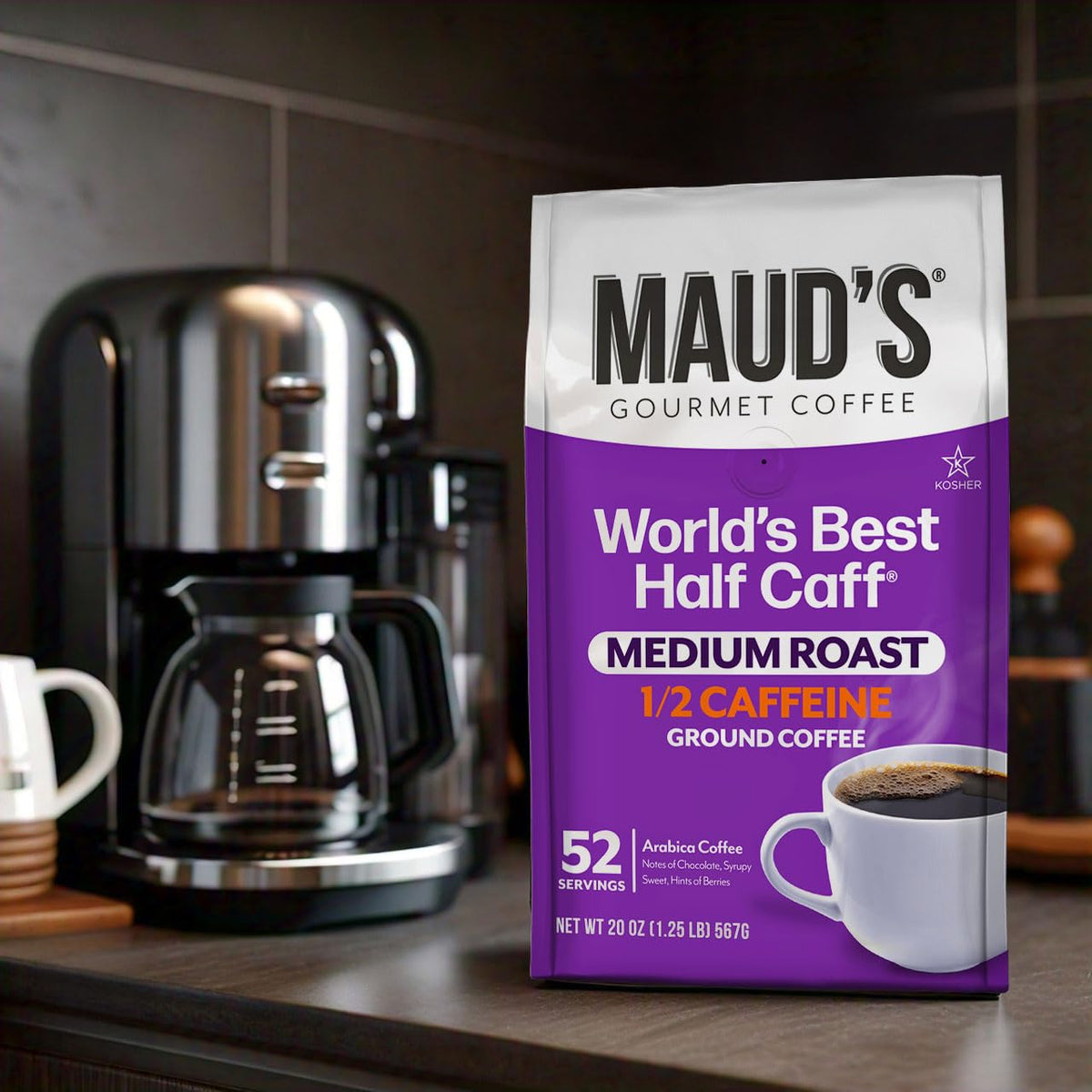 Maud's Half Caff roasted beans; ethically sourced Arabica.