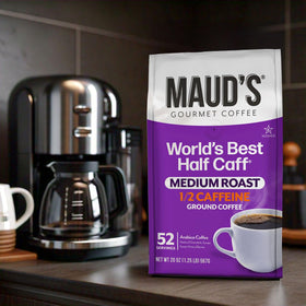 Maud's Half Caff roasted beans; ethically sourced Arabica.