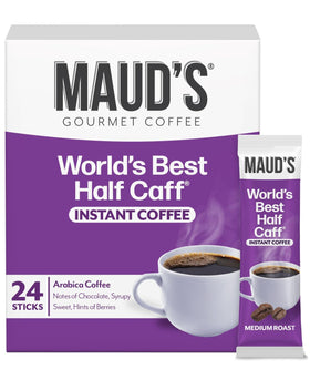 Maud's half caffeine instant coffee 24ct box for quick, flexible hot or iced brews