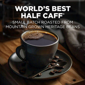 Maud's half-caffeine instant coffee packets closeup for easy on-the-go brewing