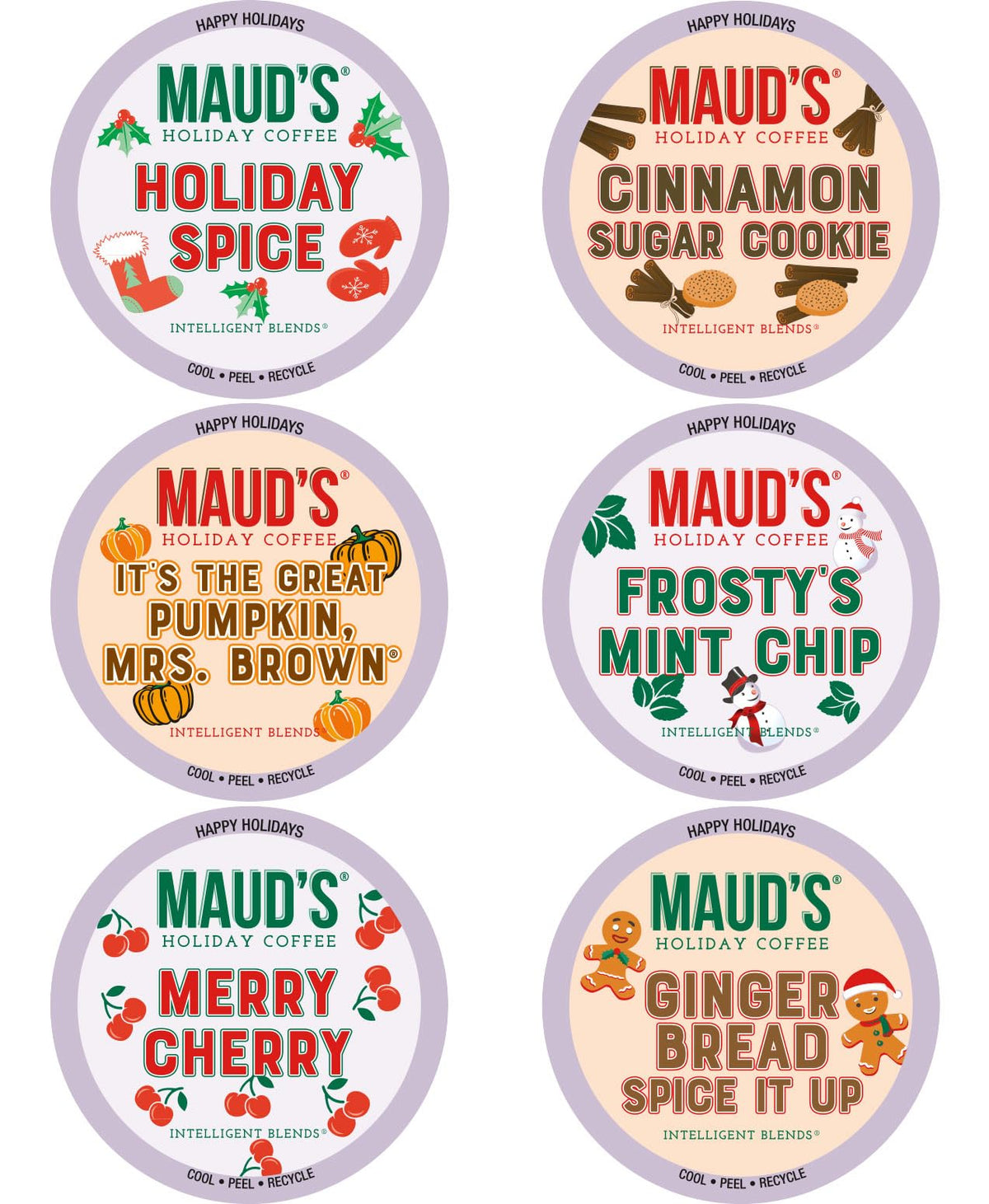 Maud's Holiday Blend pods box showing six flavors for home use