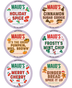 Maud's Holiday Blend pods box showing six flavors for home use