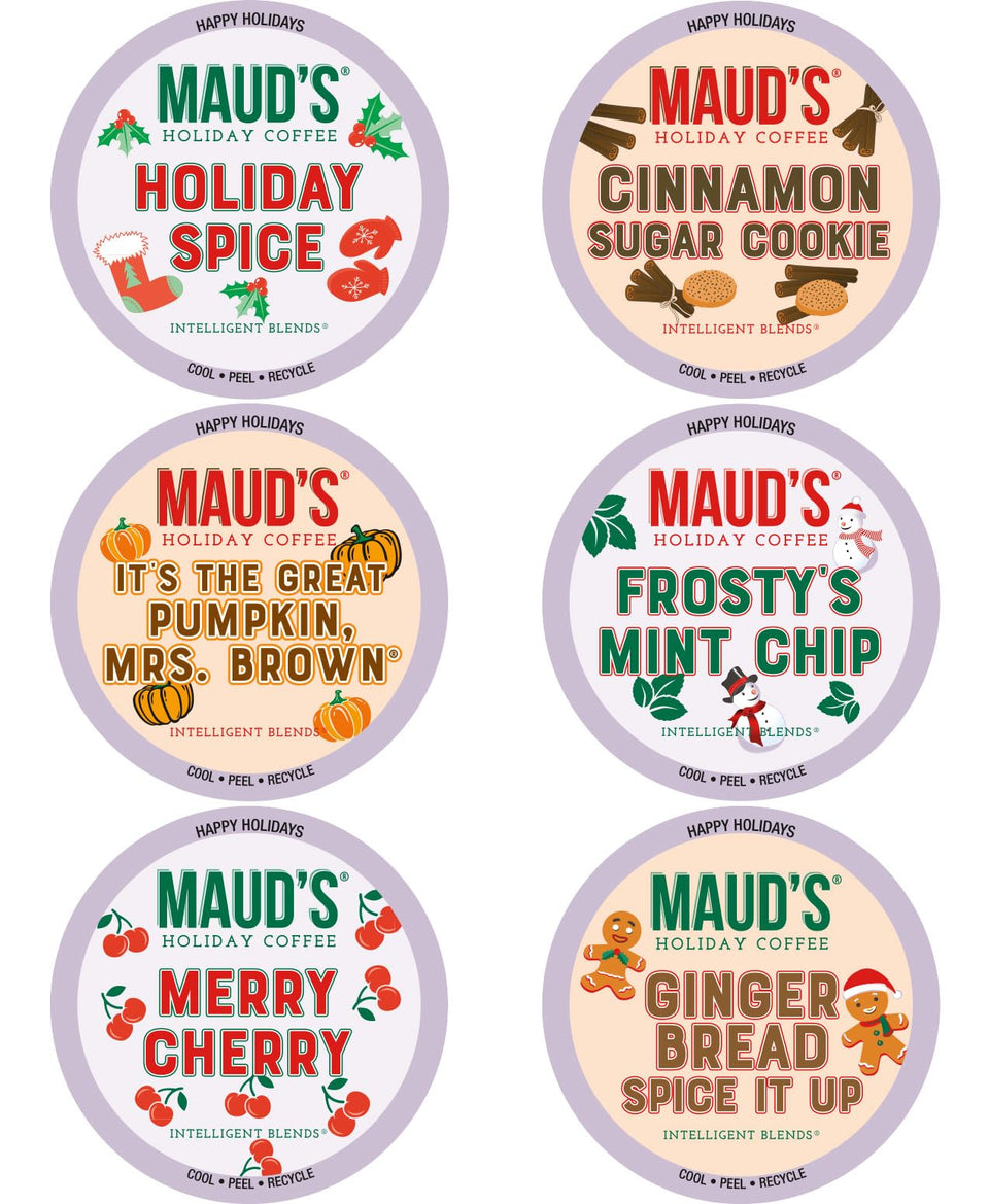 Maud's Holiday Blend pods box showing six flavors for home use
