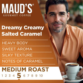 Maud's hot coffee in a steaming cup, medium roast aroma inviting.