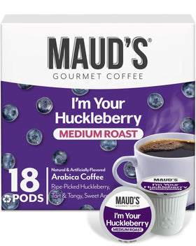 Maud's Huckleberry coffee pod brew-ready with fruity aroma and smooth finish.