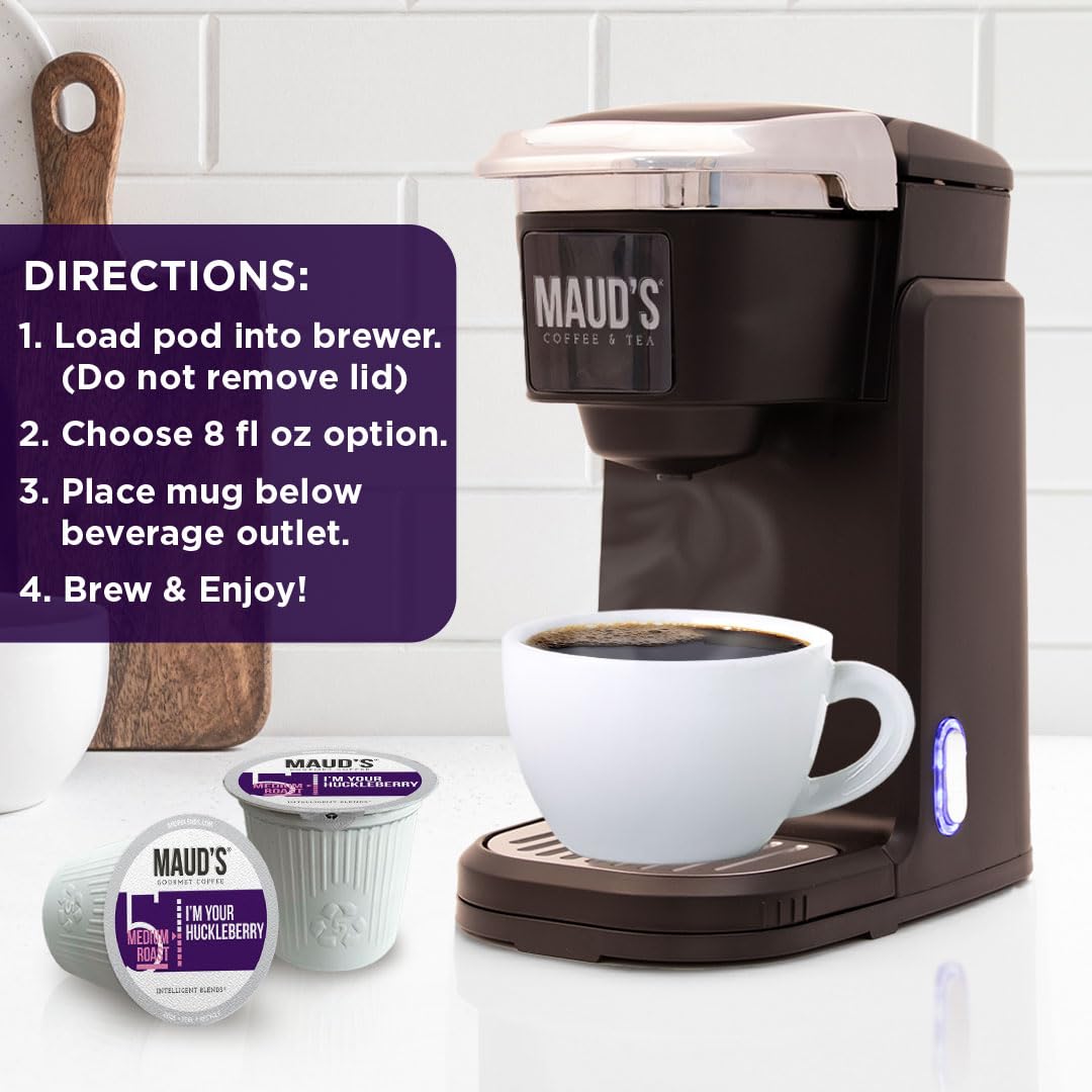 Maud's Huckleberry coffee pod on a kitchen counter, convenient daily use.