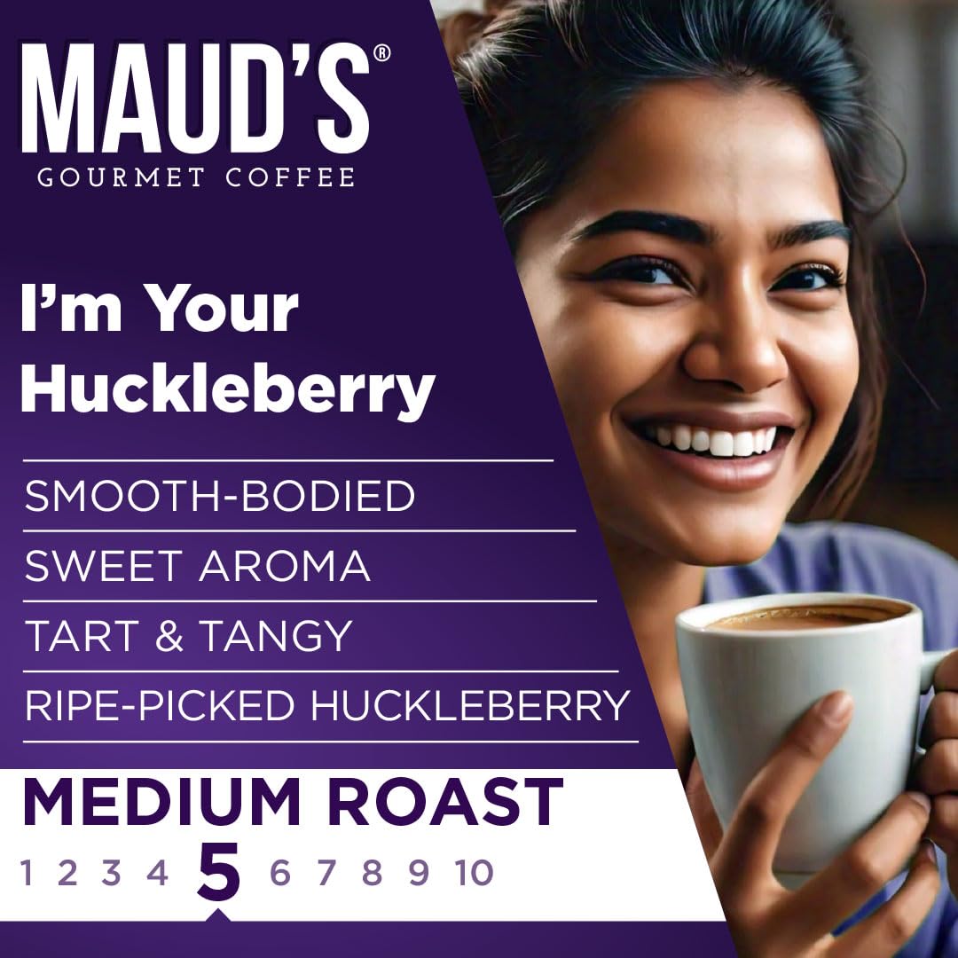 Maud's Huckleberry coffee pod in a cup, rich aroma and balanced flavor.