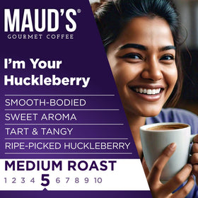 Maud's Huckleberry coffee pod in a cup, rich aroma and balanced flavor.