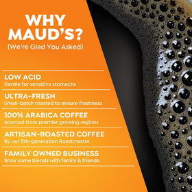 Maud's Keurig-compatible pods shown for easy at-home brewing.