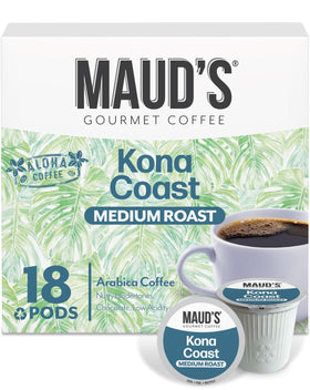Maud's Kona coffee pods packaging on display for premium single-serve freshness.