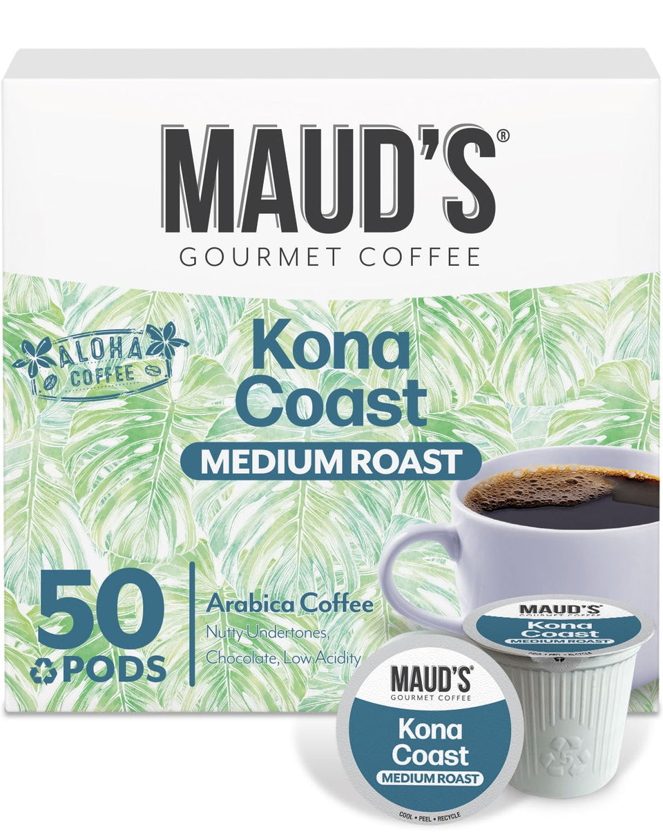 Maud's Kona Coffee Pods packaging highlighting premium sustainability and convenient single-serve brewing.
