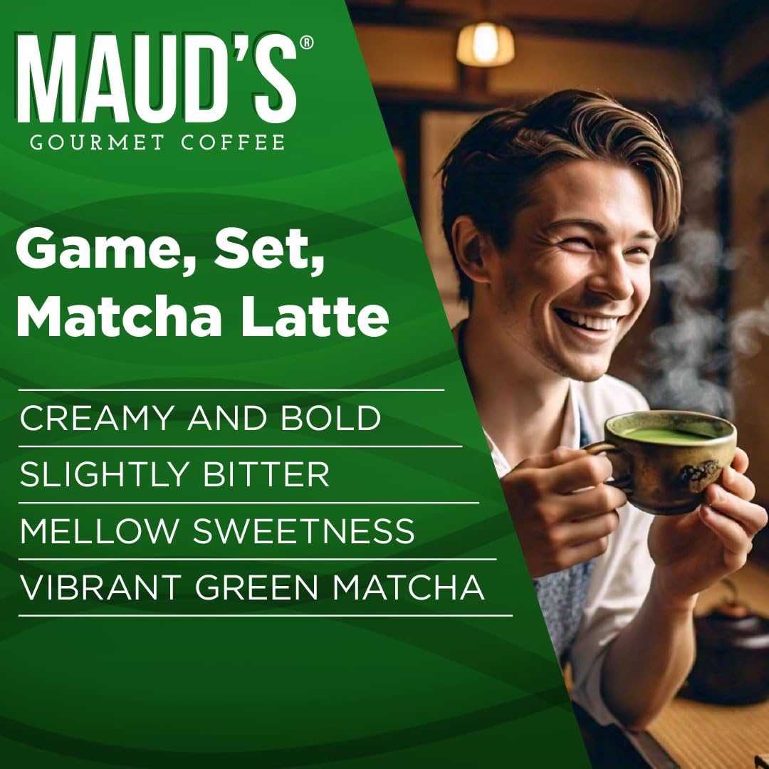 Maud's Matcha Latte Pods compatible with Keurig for quick brews.