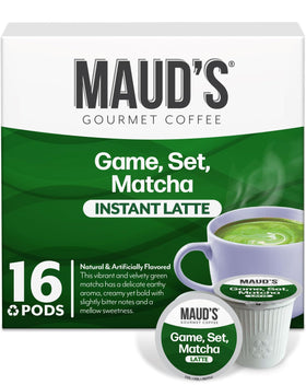 Maud's Matcha Latte Pods in packaging ready for home cafe use.