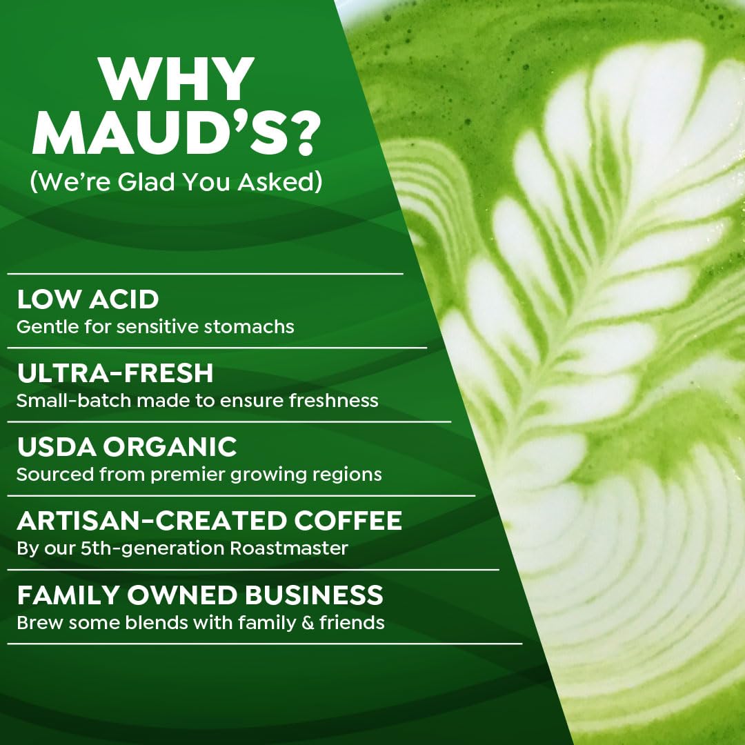 Maud's Matcha Latte Pods produced at a solar-powered facility with ethical sourcing.