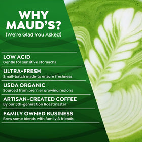 Maud's Matcha Latte Pods produced at a solar-powered facility with ethical sourcing.
