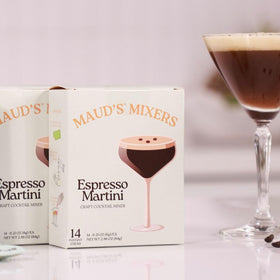 Maud's Mixers Espresso Martini ingredients label highlights real coffee and agave.
