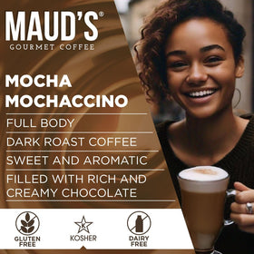 Maud's Mochaccino Cappuccino pod pour over a cup emphasizes rich aroma and flavor.
