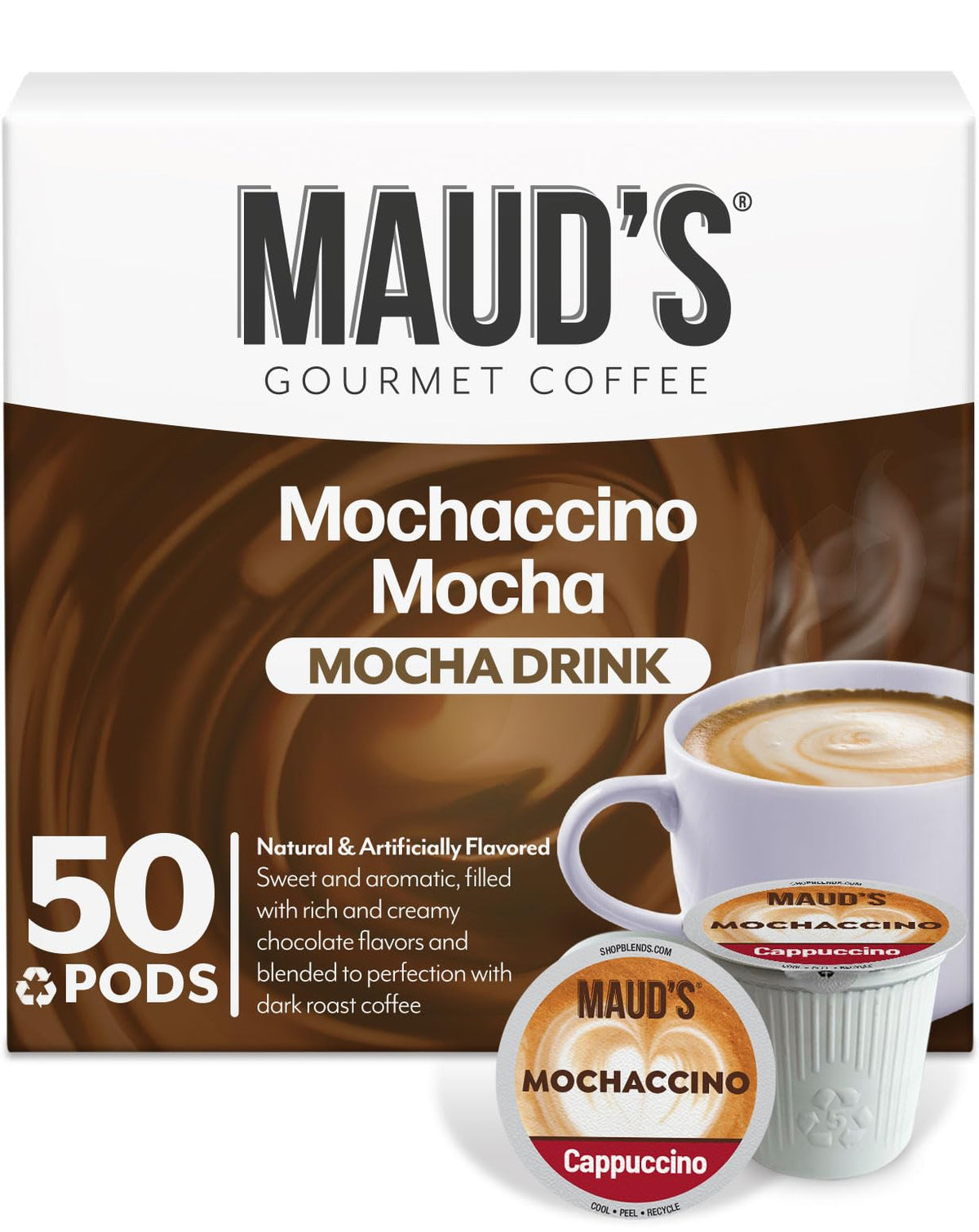 Maud's Mochaccino Cappuccino pods in packaging showcase eco-friendly, recyclable design for conscious brewing.